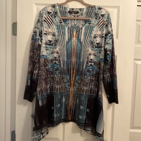 177. Temptation Long Sleeve V Neck Top XL Blue Multi - Picture 1 of 6